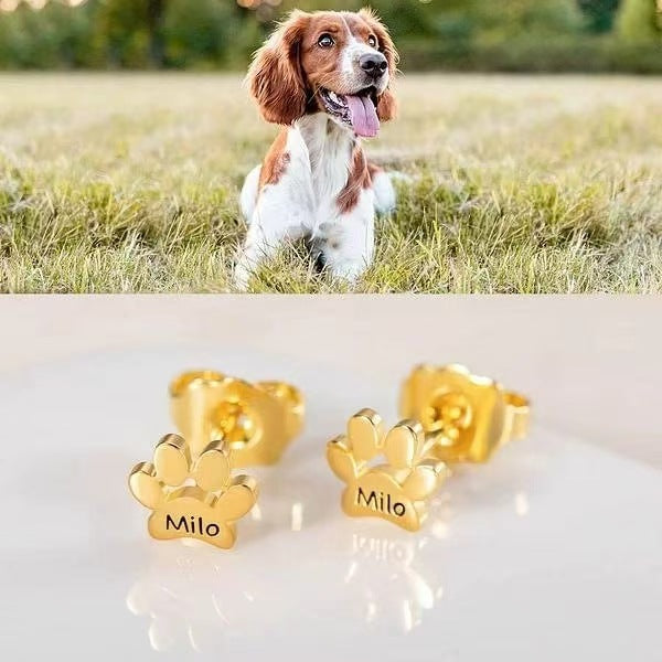 Engraved Paw Print Name Earrings, Gift for Pet Lovers, Pet Remembrance Studs