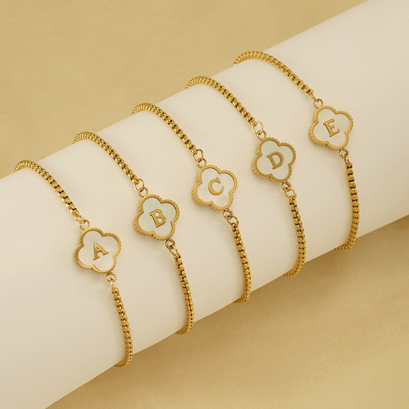 18K Plated Adjustable Four Leaf Lucky Clover Initial Letter Bracelet