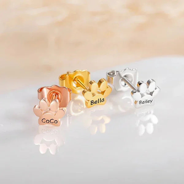 Engraved Paw Print Name Earrings, Gift for Pet Lovers, Pet Remembrance Studs