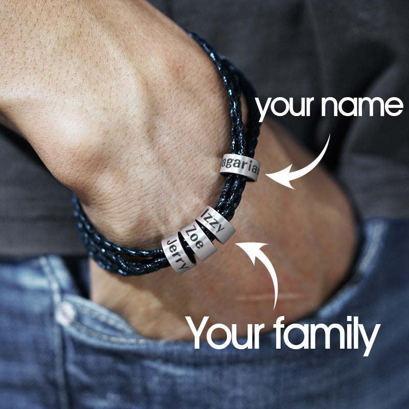 Personalized Mens Woven Leather Bracelet, Christmas Father's Day Gift for Dad Boyfriend Husband