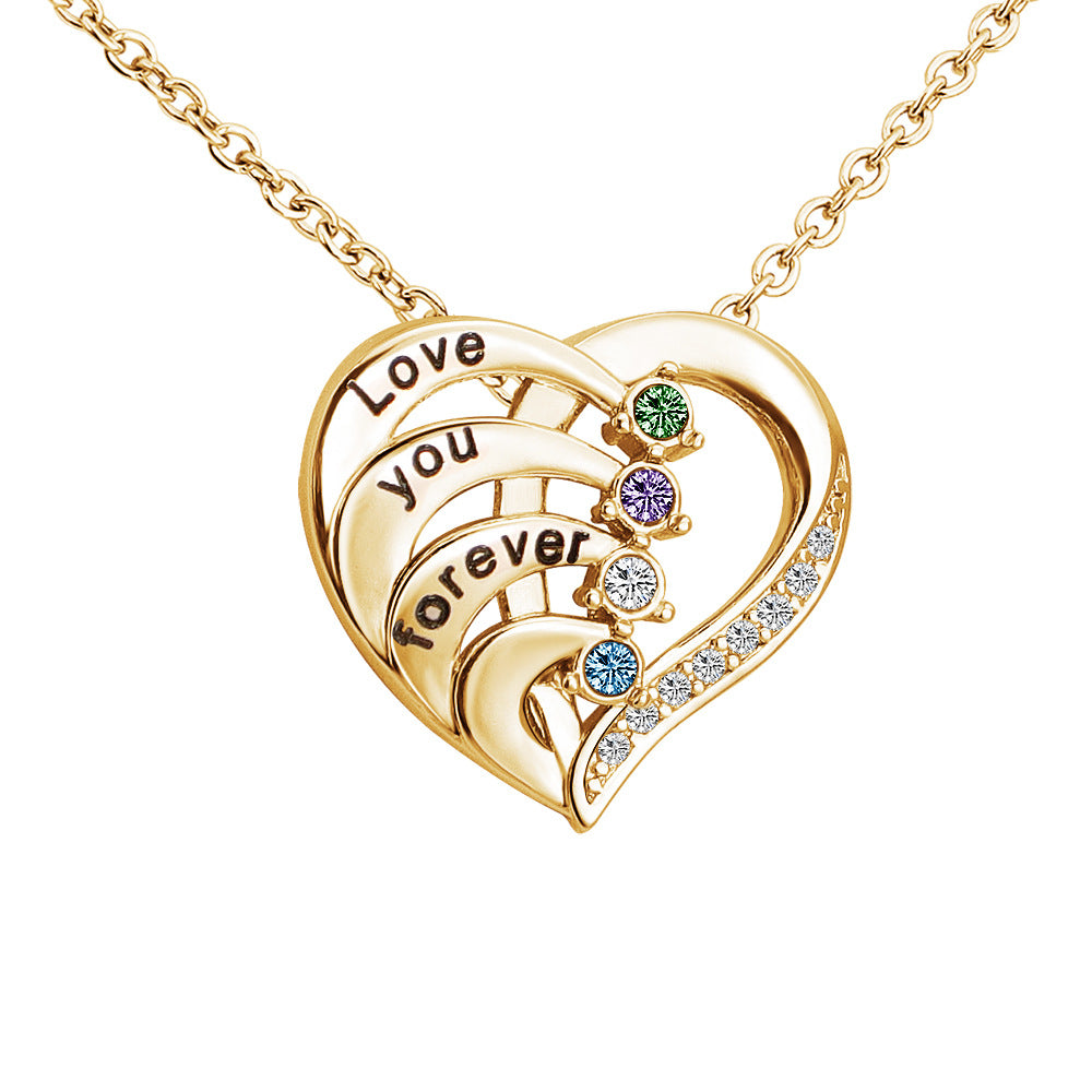 Engraved Birthstone Pendant Necklace Heart Shape with Micro Crystal