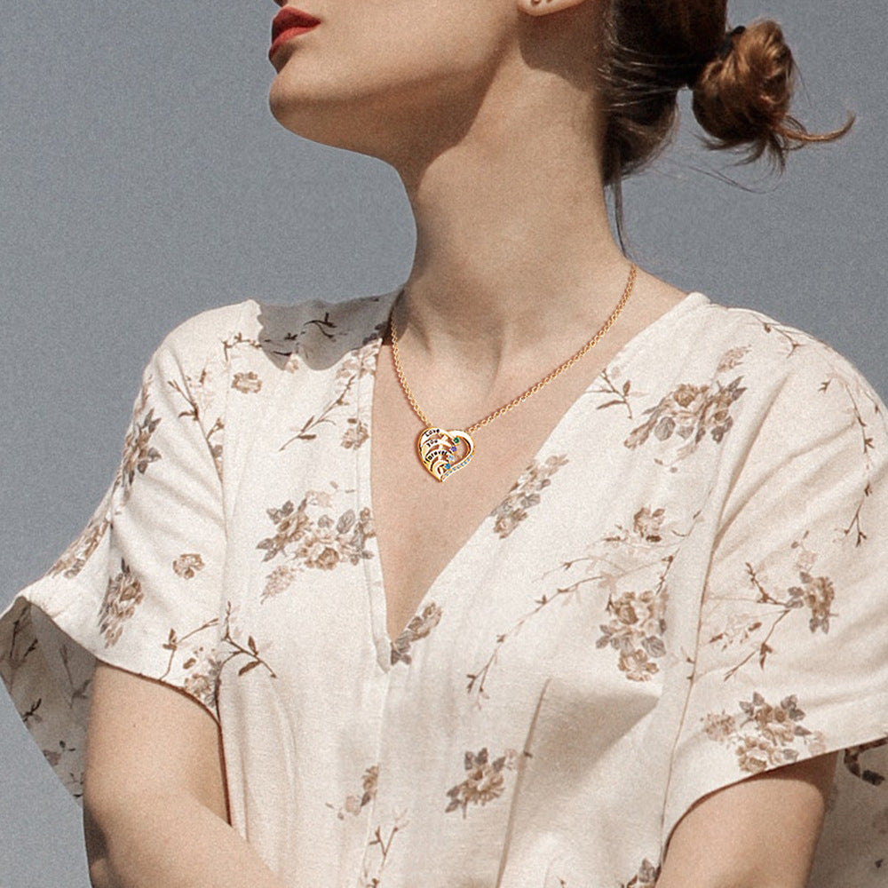 Engraved Birthstone Pendant Necklace Heart Shape with Micro Crystal