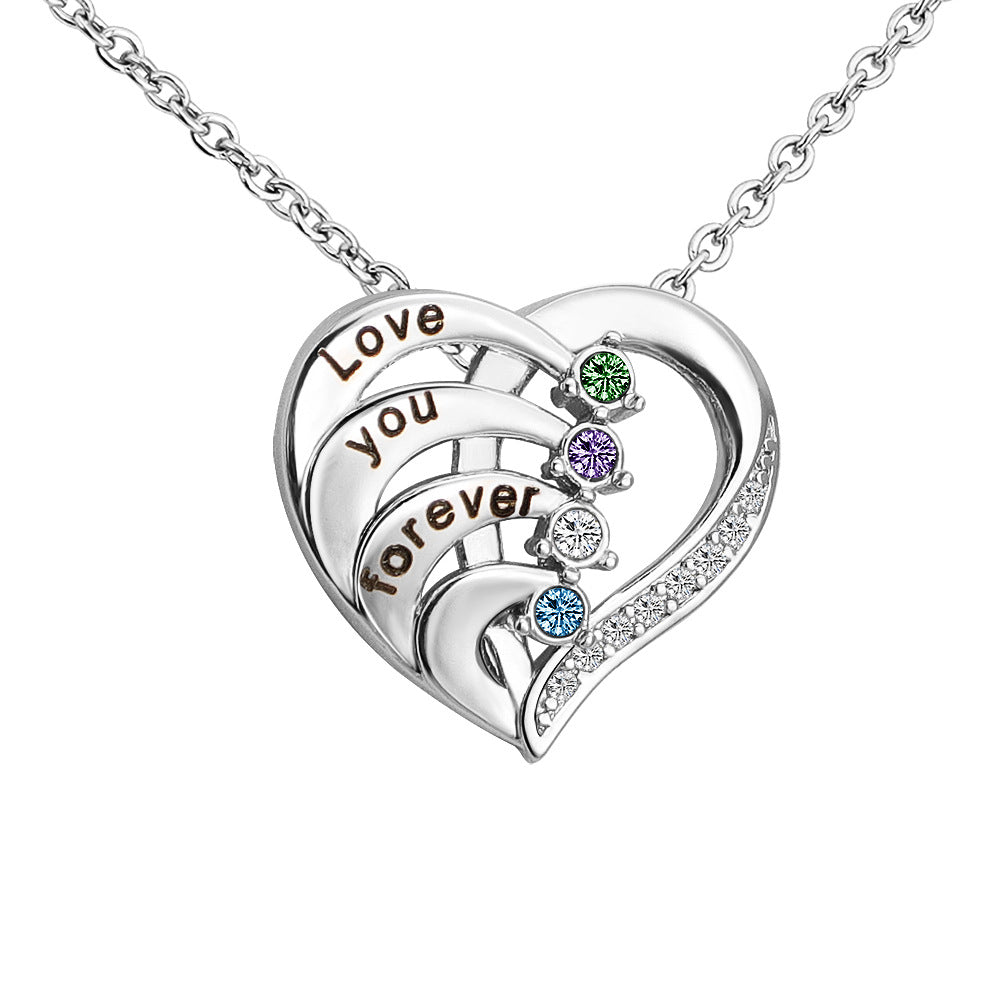 Engraved Birthstone Pendant Necklace Heart Shape with Micro Crystal
