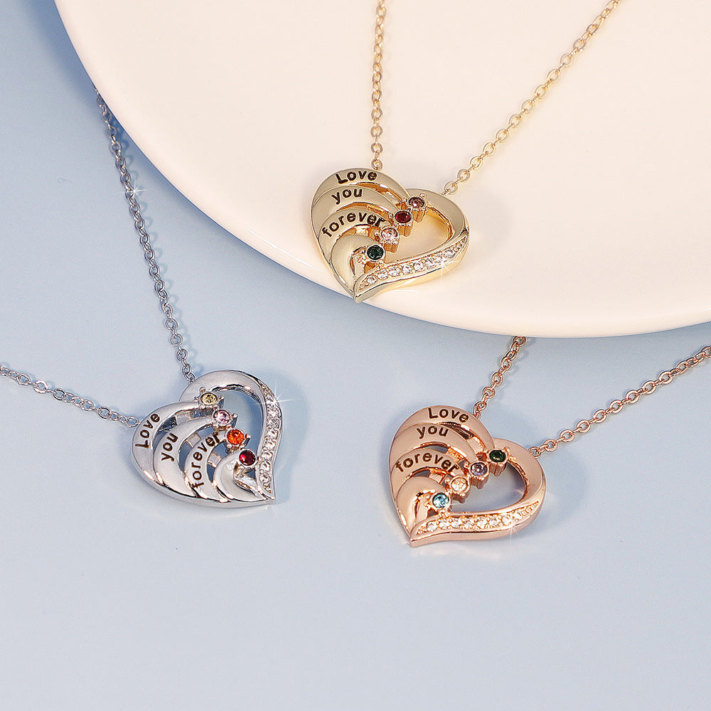 Engraved Birthstone Pendant Necklace Heart Shape with Micro Crystal