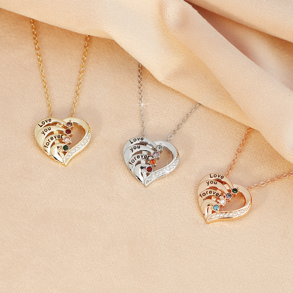 Engraved Birthstone Pendant Necklace Heart Shape with Micro Crystal