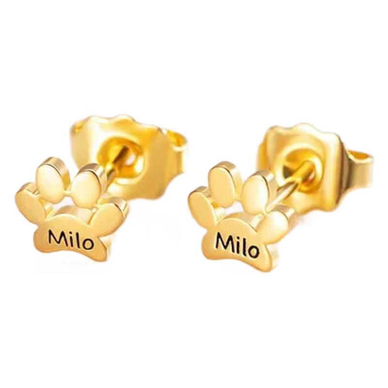 Engraved Paw Print Name Earrings, Gift for Pet Lovers, Pet Remembrance Studs
