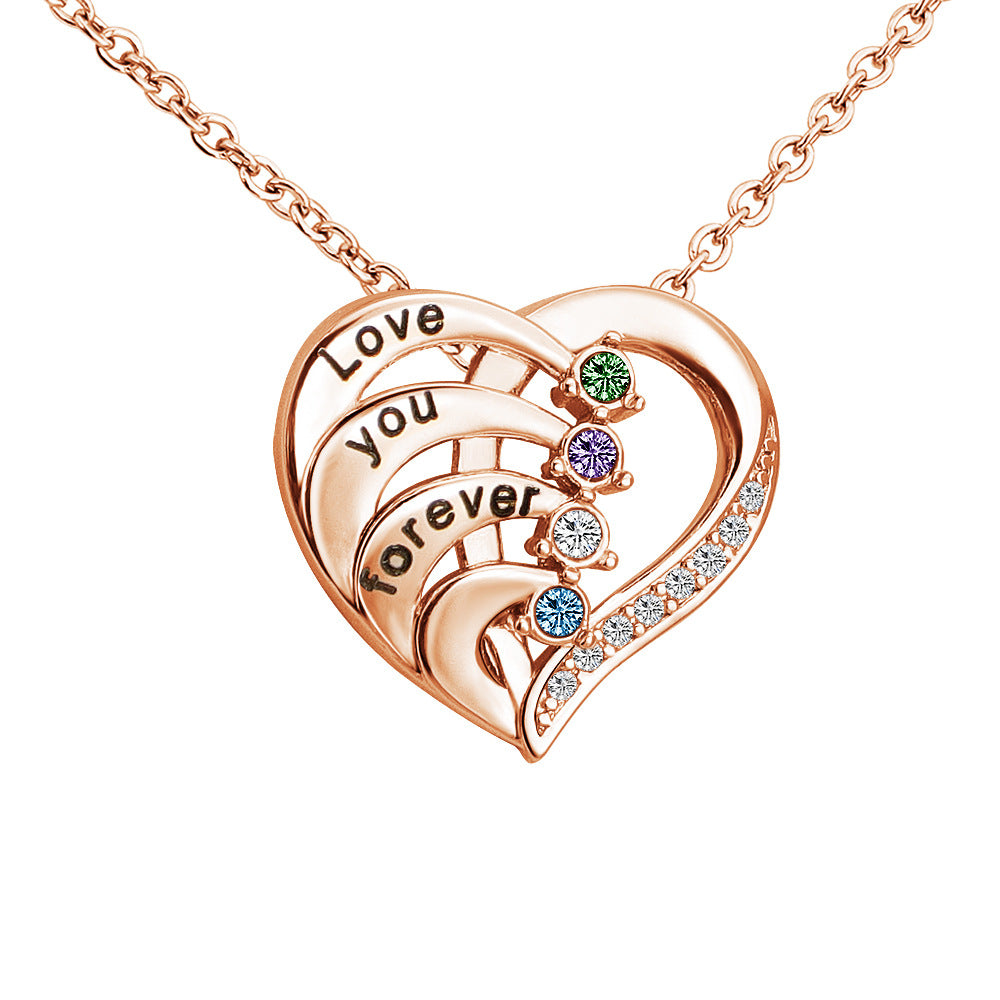 Engraved Birthstone Pendant Necklace Heart Shape with Micro Crystal