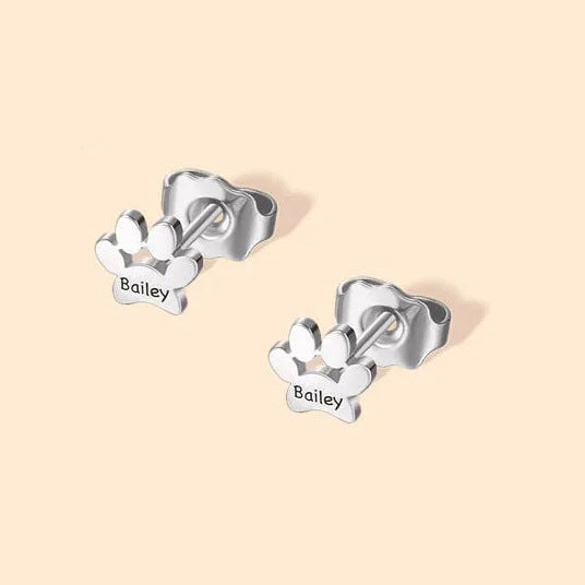 Engraved Paw Print Name Earrings, Gift for Pet Lovers, Pet Remembrance Studs
