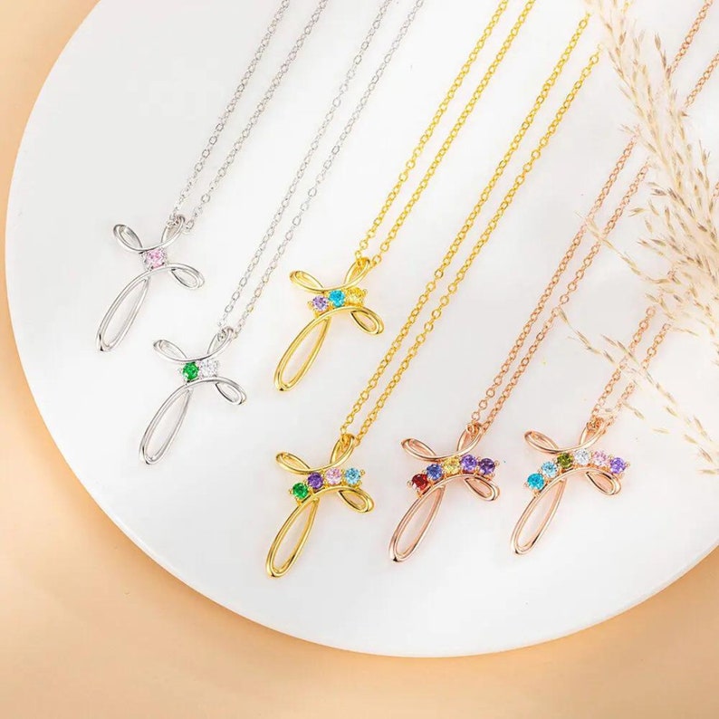 Custom Family Birthstone Cross Necklace