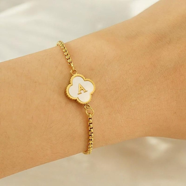 18K Plated Adjustable Four Leaf Lucky Clover Initial Letter Bracelet
