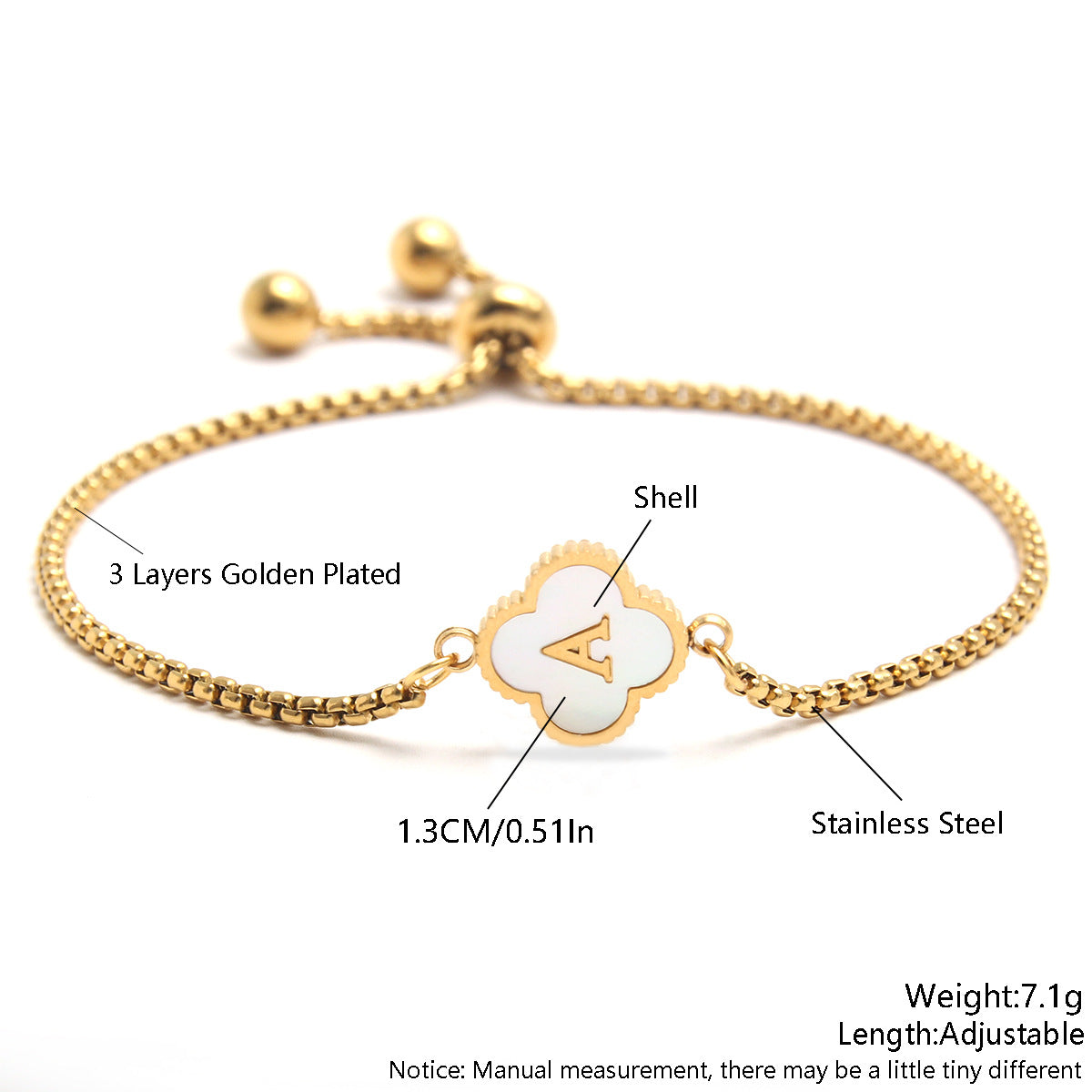 18K Plated Adjustable Four Leaf Lucky Clover Initial Letter Bracelet