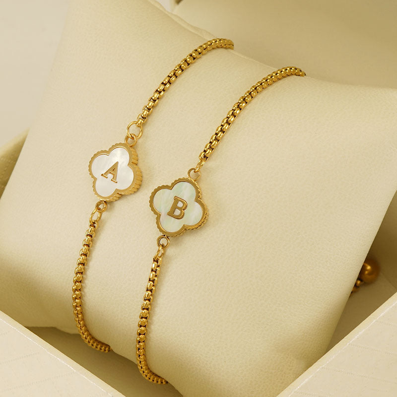18K Plated Adjustable Four Leaf Lucky Clover Initial Letter Bracelet