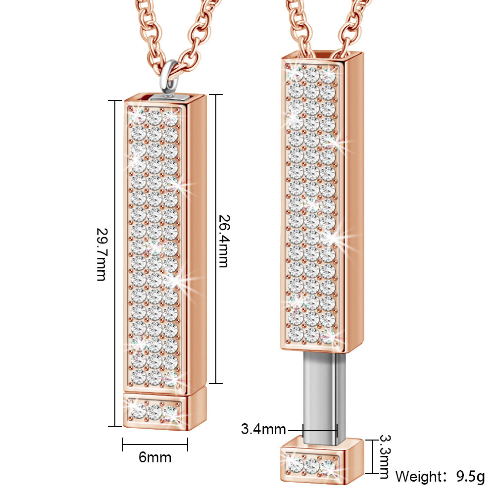 Stretch Pillar Bar Engraved Necklace with Crystal