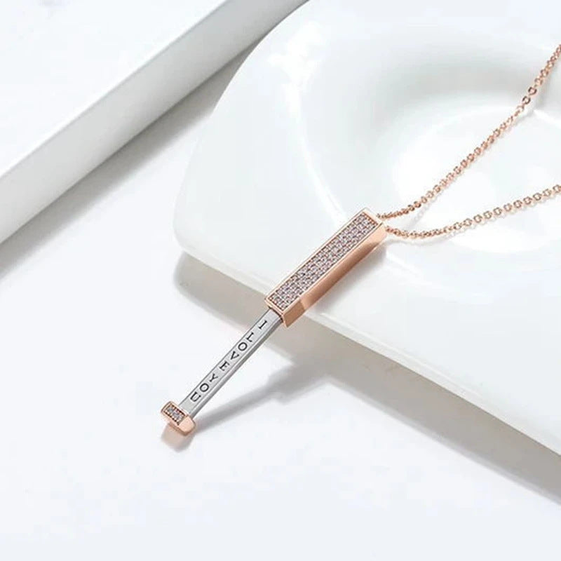 Stretch Pillar Bar Engraved Necklace with Crystal