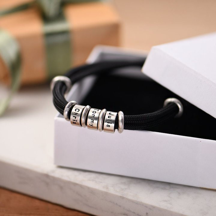 Custom Black Obsidian Family Name Dad Bracelet