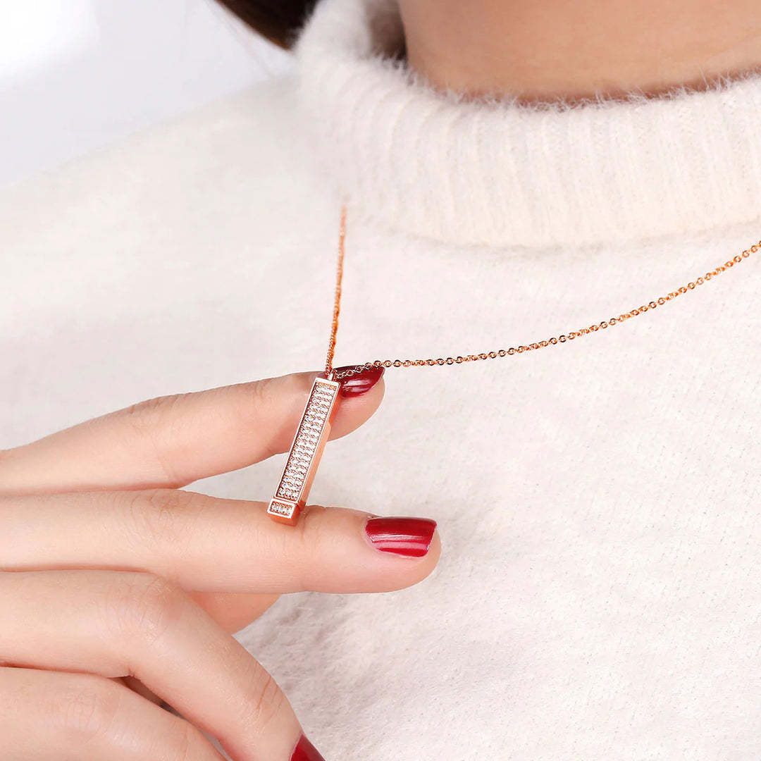 Stretch Pillar Bar Engraved Necklace with Crystal