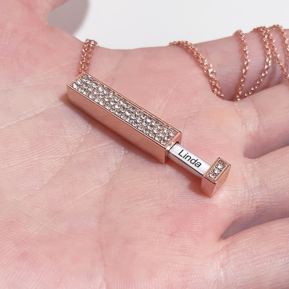 Stretch Pillar Bar Engraved Necklace with Crystal