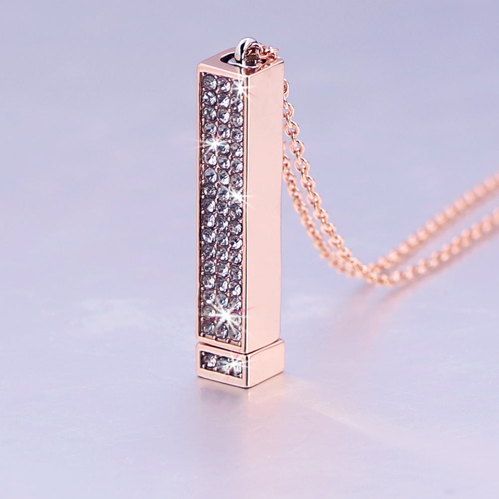 Stretch Pillar Bar Engraved Necklace with Crystal