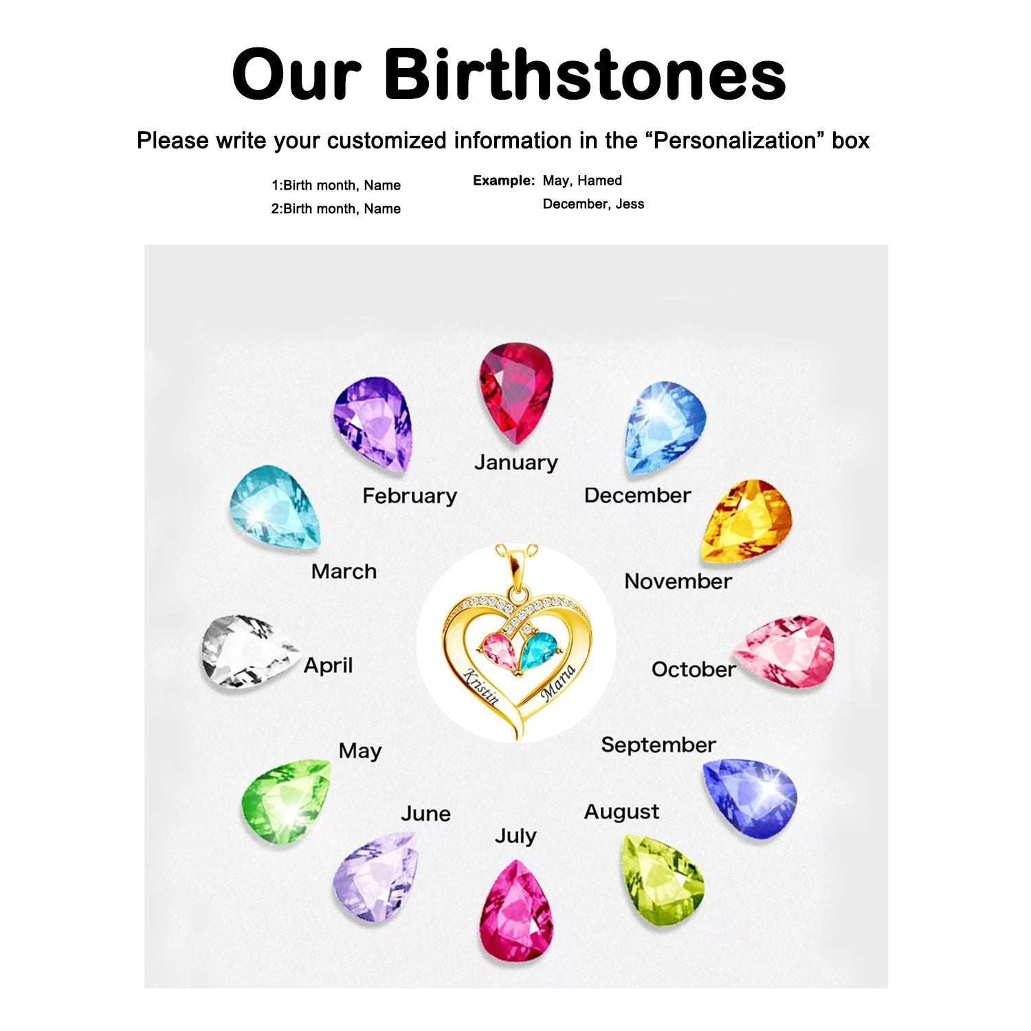 Personalized Birthstone Heart Necklace, Gift for Girlfriend Wife Mom Friends