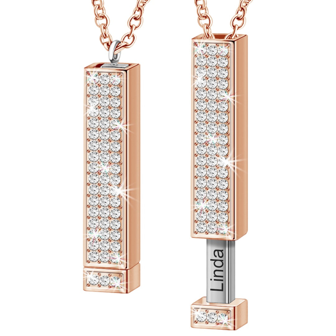Stretch Pillar Bar Engraved Necklace with Crystal