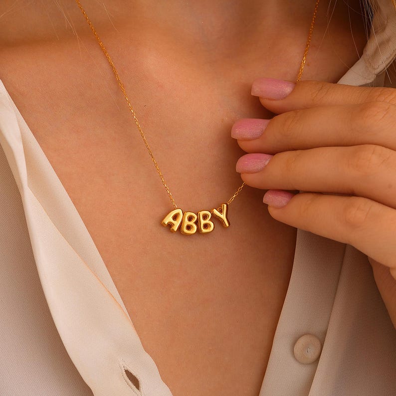 18K Bubble Letter Name Necklace Gift for Women Wife Daughter Teens